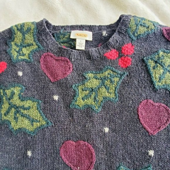 Vintage 90s Chunky 100% Wool Dark Gray Heart Sweater Holly Berries Sz Large - Picture 5 of 10